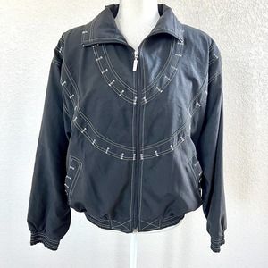 Janeve Windbreaker Jacket 80's 90's Black White Petite Large Retro Sport Vintage